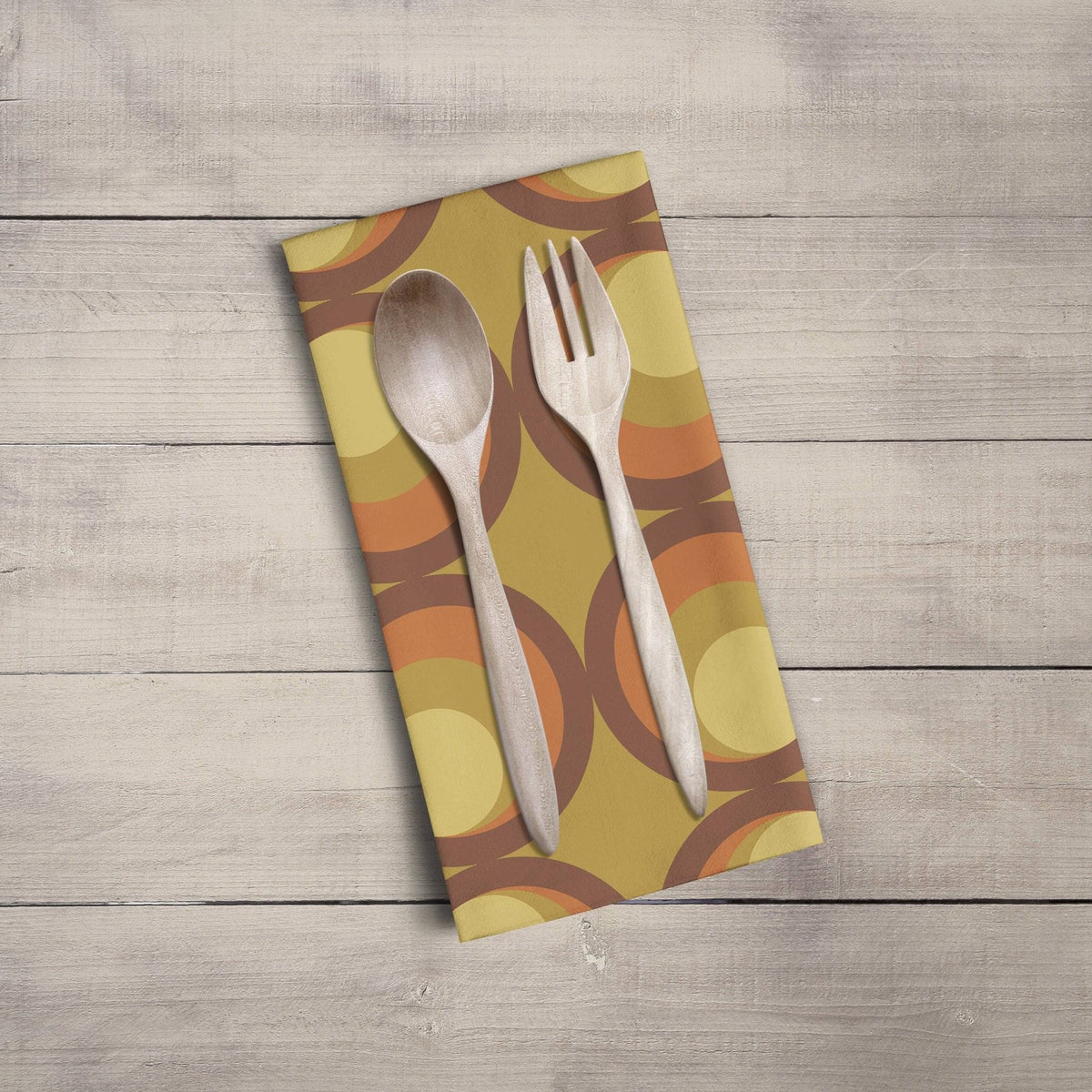 Mustard Yellow Tea Towel with Orange and Brown Retro Design, Dish Towels, Kitchen Towels - Shadow bright