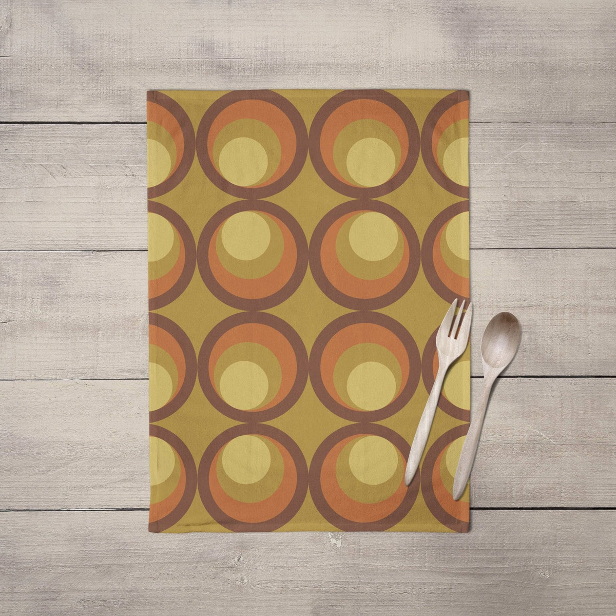Mustard Yellow Tea Towel with Orange and Brown Retro Design, Dish Towels, Kitchen Towels - Shadow bright