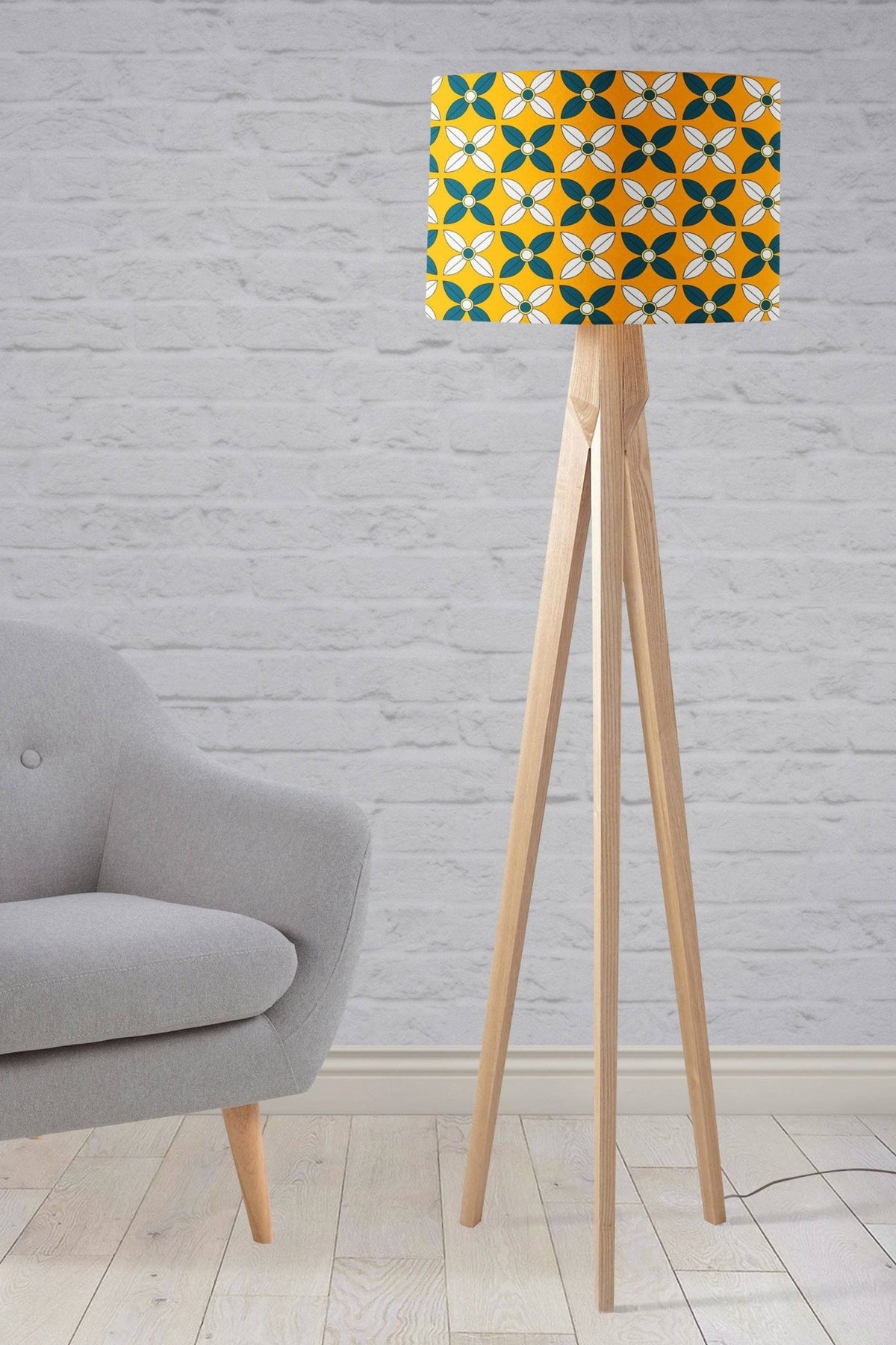 Yellow Lampshade with a Retro Blue and White Design, Ceiling or Table Lamp Shade - Shadow bright